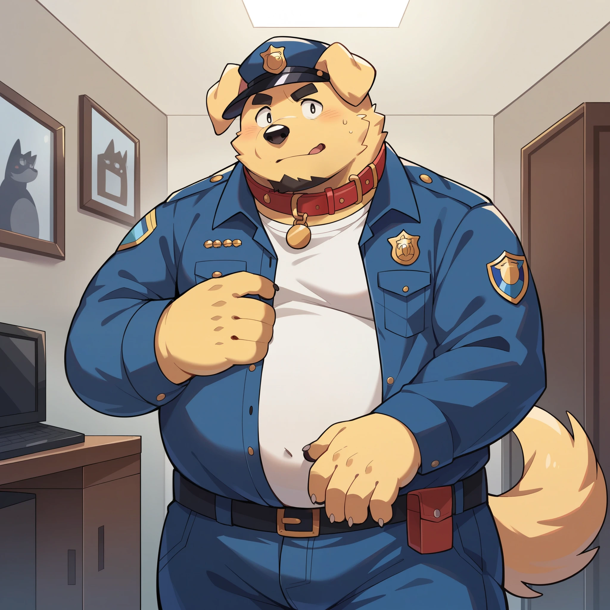 Scribble Golden Retriever face,Humanity(Golden Retriever),Chubby,(Black eyebrows:1.1),(Perfect eyes),Golden fur，（artist:Takemoto Arashi），Living room background，（Collar:1.3），paw，（black beard:1.3），（Police Uniform:1.3）。