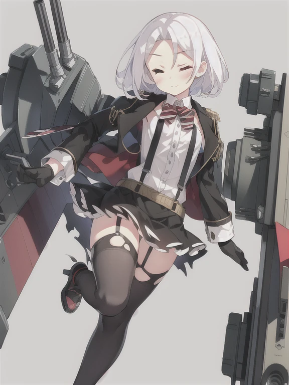 Vittorio_Veneto \(warship girls r\),((masterpiece)),(((best quality))),((ultra-detailed)),((illustration)),((disheveled hair)),((frills)),(1 girl),(solo),1girl, belt, belt buckle, black gloves, black legwear, black skirt, blush, cannon, damaged, gloves, jacket, short hair, long sleeves, looking at viewer, machinery, miniskirt, one eye closed, red eyes, rigging, shirt, shoes, skirt, smoke, solo, suspenders, thighhighs, torn clothes, torn legwear, torn shirt, turret, underwear, white hair