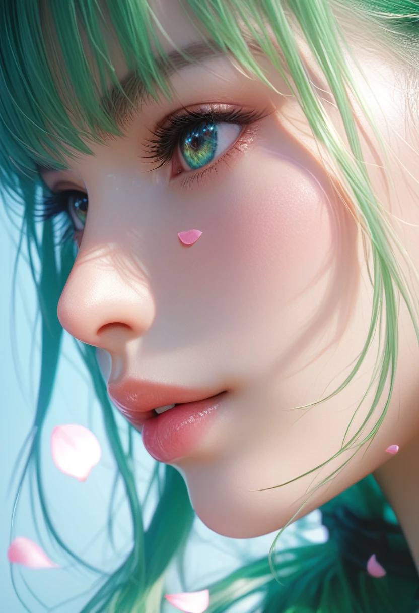 score_9, score_8_superior, score_7_superior, Profile picture, Long, bright green hair with bangs, Light blue petals on my cheeks, Realistic skin texture, Detailed Images, close-superior, 32k resolution