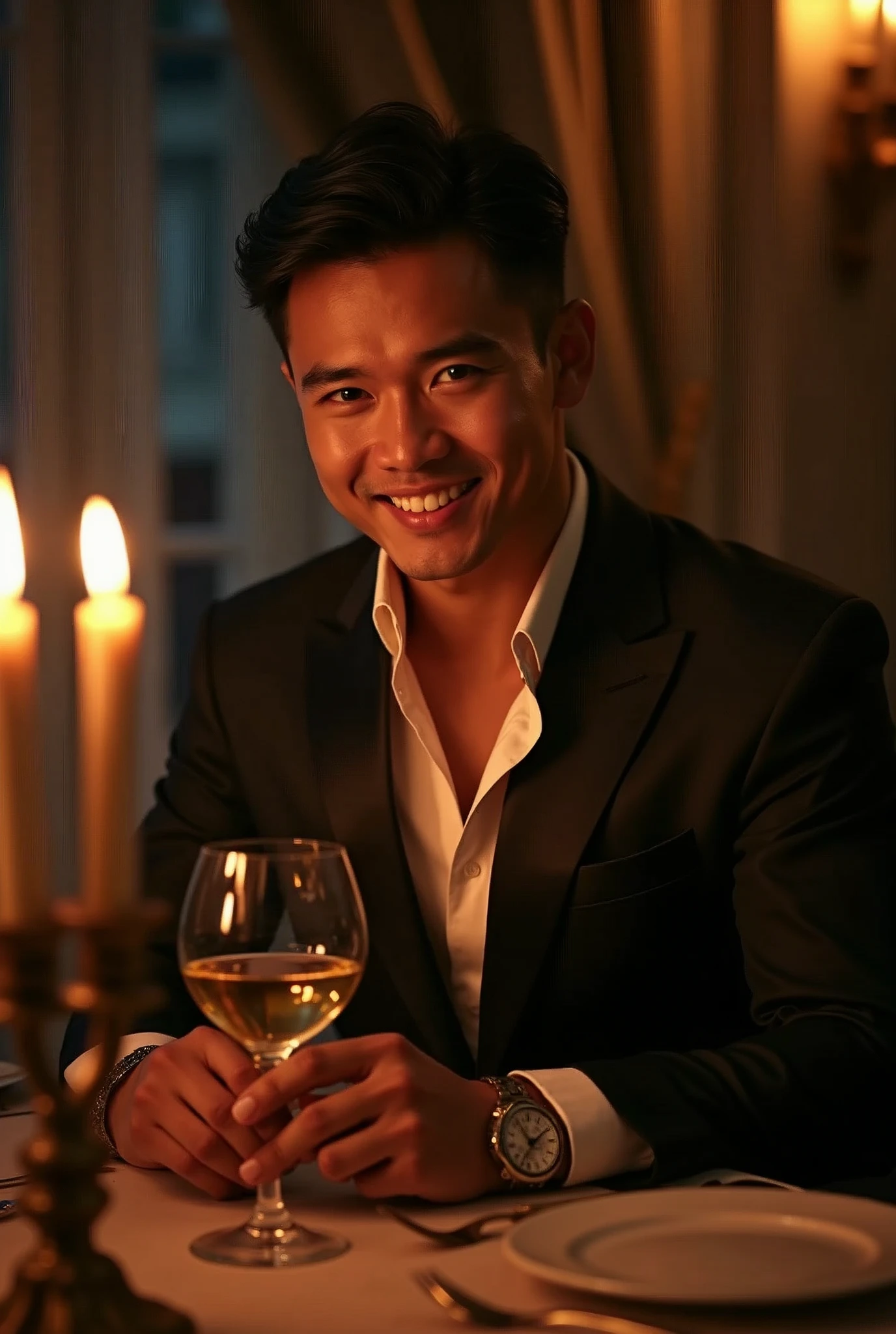 photorealistic, best quality, masterpiece, extremely detailed, masculine, sexy, homoerotic, extremely handsome, 30 year old thai man, muscular build, big smile, stylish smart attire, holds a bottle of wine, candlelit dinner for two, in dining room, at midnight, dramatic shadows, extremely romantic atmosphere, perfect face, perfect fingers, perfect hands, perfection