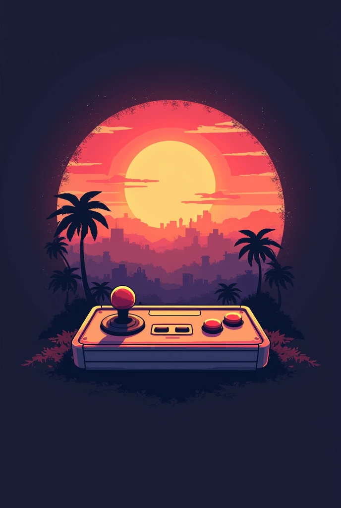 Retro style logo: A landscape with retro elements, sunset, like an arcade or pixel art font, combined with a joystick or video game controller. This would convey a nostalgic feel to classic games.