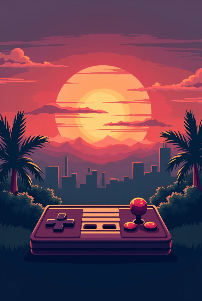 Retro style logo: A landscape with retro elements, sunset, like an arcade or pixel art font, combined with a joystick or video game controller. This would convey a nostalgic feel to classic games.