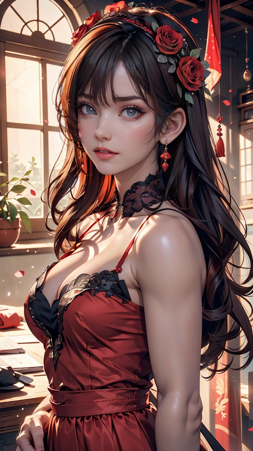 (masterpiece),(Highest quality:1.0), (Ultra-high resolution:1.0), Detailed illustrations, 8k, anime, One person, beautiful anime girl, Wearing a red dress, Flower Crown, Pretty face, Detailed face, Beautiful Eyes, Detailed eyes, Dark red eyes, Bright red lips, Red lipstick, Beautiful and stylish hair, Hair highlights, bangs anime style, Highest quality, Vibrant