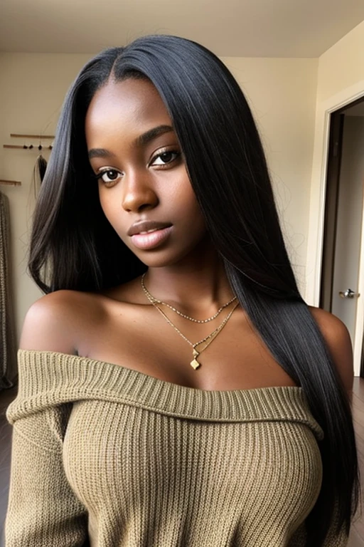 1girl in, age19, Solo, black African, Long hair, Colossal tits, Looking at Viewer, blondehair, Brown eyes, jewely, Full body, a necklace, off shoulders, Sweaters, Realistic, A sexy