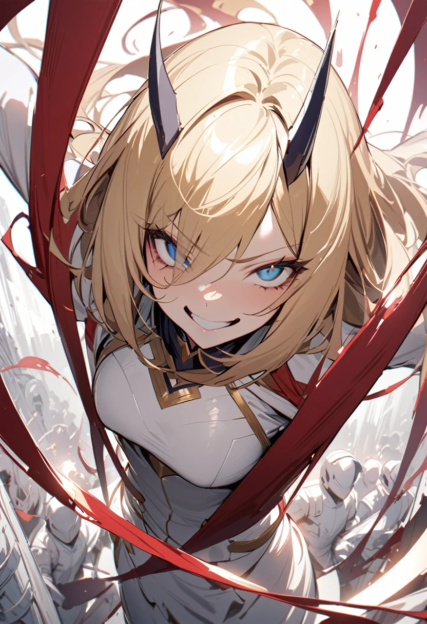 (Standing painting: 1.2) + (1girl:1.5)+ golden hair + princess cut + white knight uniform + detailed eyes and nose + deep blue eyes +  white battle uniform + domineering, masterpiece, best quality,evil smile,holy,adult,upper body,dynamic angle,dynamic pose,