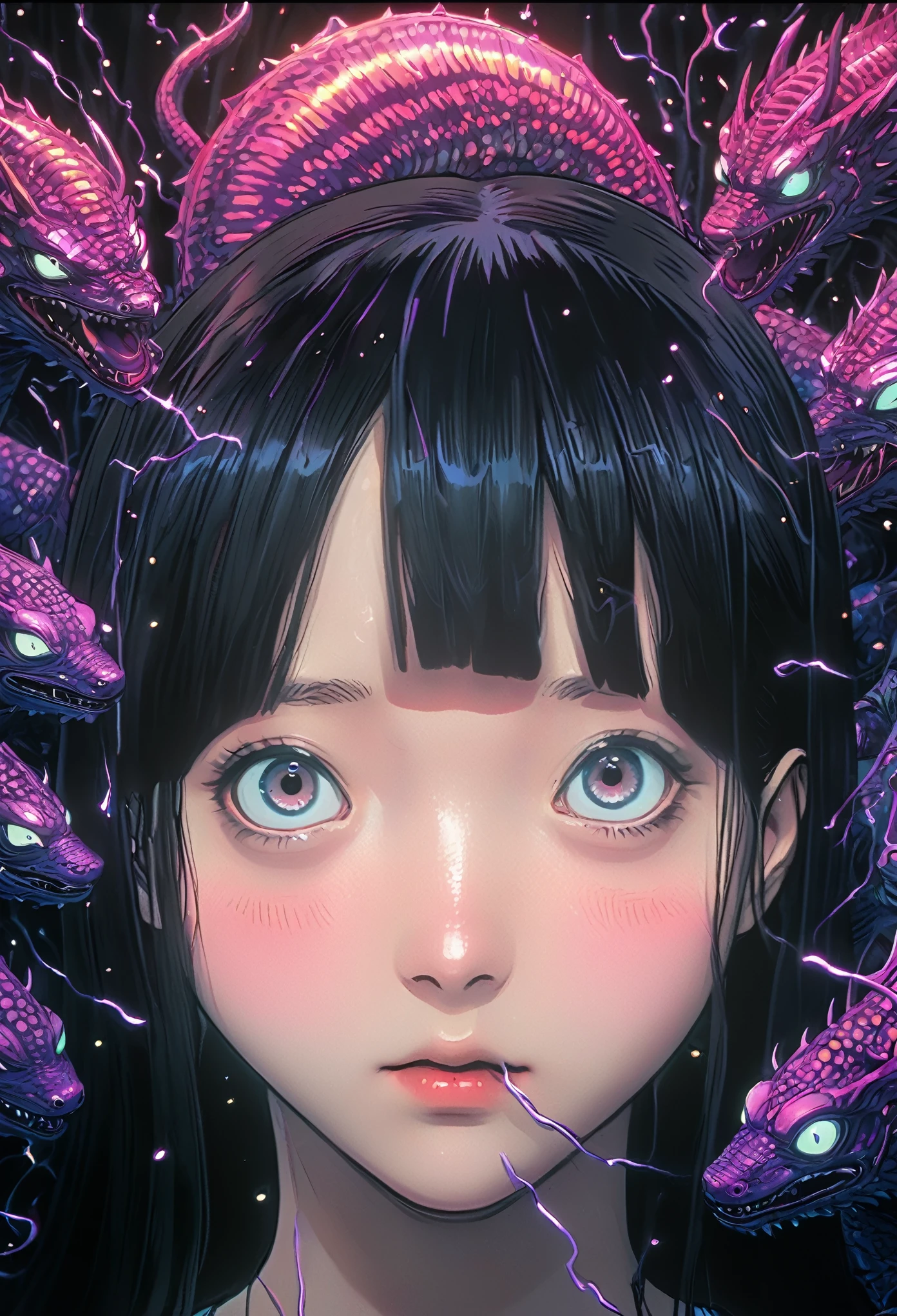surreal horror, anime style, directed by Junji Ito, high contrast, vivid colors, eerie atmosphere, psychological tension, intricate line work, nightmarish creatures