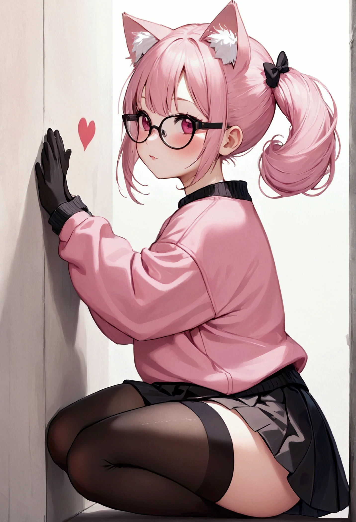 I have white pink hair, cat ears, a bun, my face is super blushing, black glasses, pink heart eyes, a big pink sweatshirt, a black skirt, black stockings, white shoes, a cat's tail, a girl. very shy that she is glued to a wall with her butt