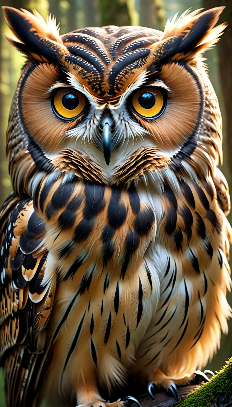 In the mountains and forests,Owl with human face and four eyes(best quality,4K,8k,High level,masterpiece:1.2),Ultra Detailed,(lifelike,Photo real,Photo real:1.37),Highly detailed animals,Complex patterns,Realistic lighting