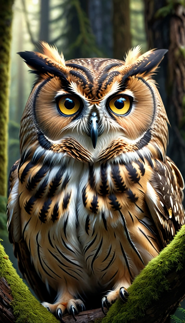 In the mountains and forests,Owl with human face and four eyes(best quality,4K,8k,High level,masterpiece:1.2),Ultra Detailed,(lifelike,Photo real,Photo real:1.37),Highly detailed animals,Complex patterns,Realistic lighting