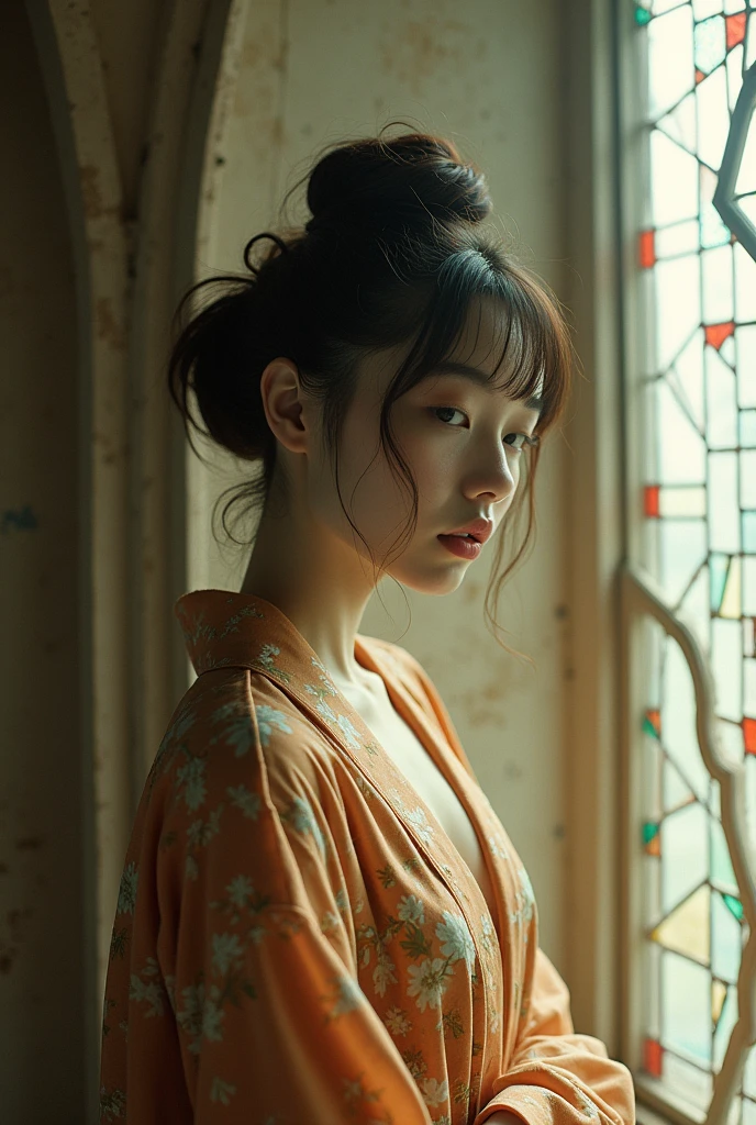 editorial photography,super detailed background,Super realistic,double exposure,depth of field,beauty super slender skinny vibes,soft focus tone,narrative scene,wabi-sabi kimono,unclad body,open lips,hi-top hairstyle,geometric Art Nouveau,alphonseMucha style,At the cathedral stained glass,hip shot,japanese fashion model,white skin,