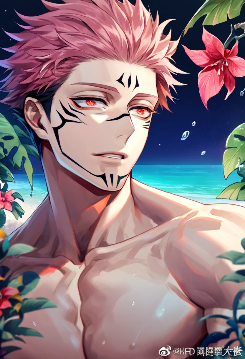 absurdres, highres, ultra detailed, HDR, master piece, Ryoumen Sukuna, pink hair, expressive red eyes, without shirt, Jujutsu Kaisen, toned chest, bare chest, sexy man, handsome, best quality, beach, fantasy, magical, solo, water, sensual, horny, green leaves, flowers, manly man, close up