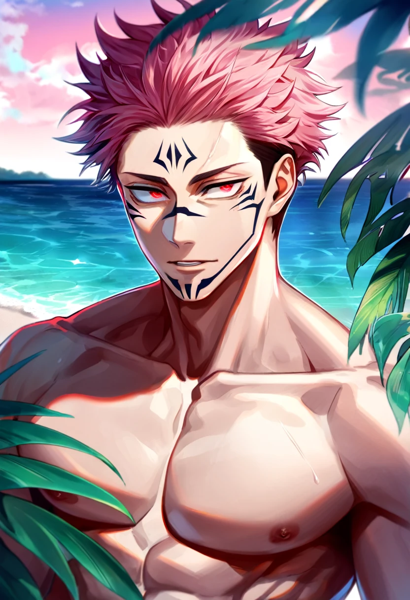 absurdres, highres, ultra detailed, HDR, master piece, Ryoumen Sukuna, pink hair, expressive red eyes, without shirt, Jujutsu Kaisen, toned chest, bare chest, sexy man, handsome, best quality, beach, fantasy, magical, solo, water, sensual, horny, green leaves, flowers, manly man, close up