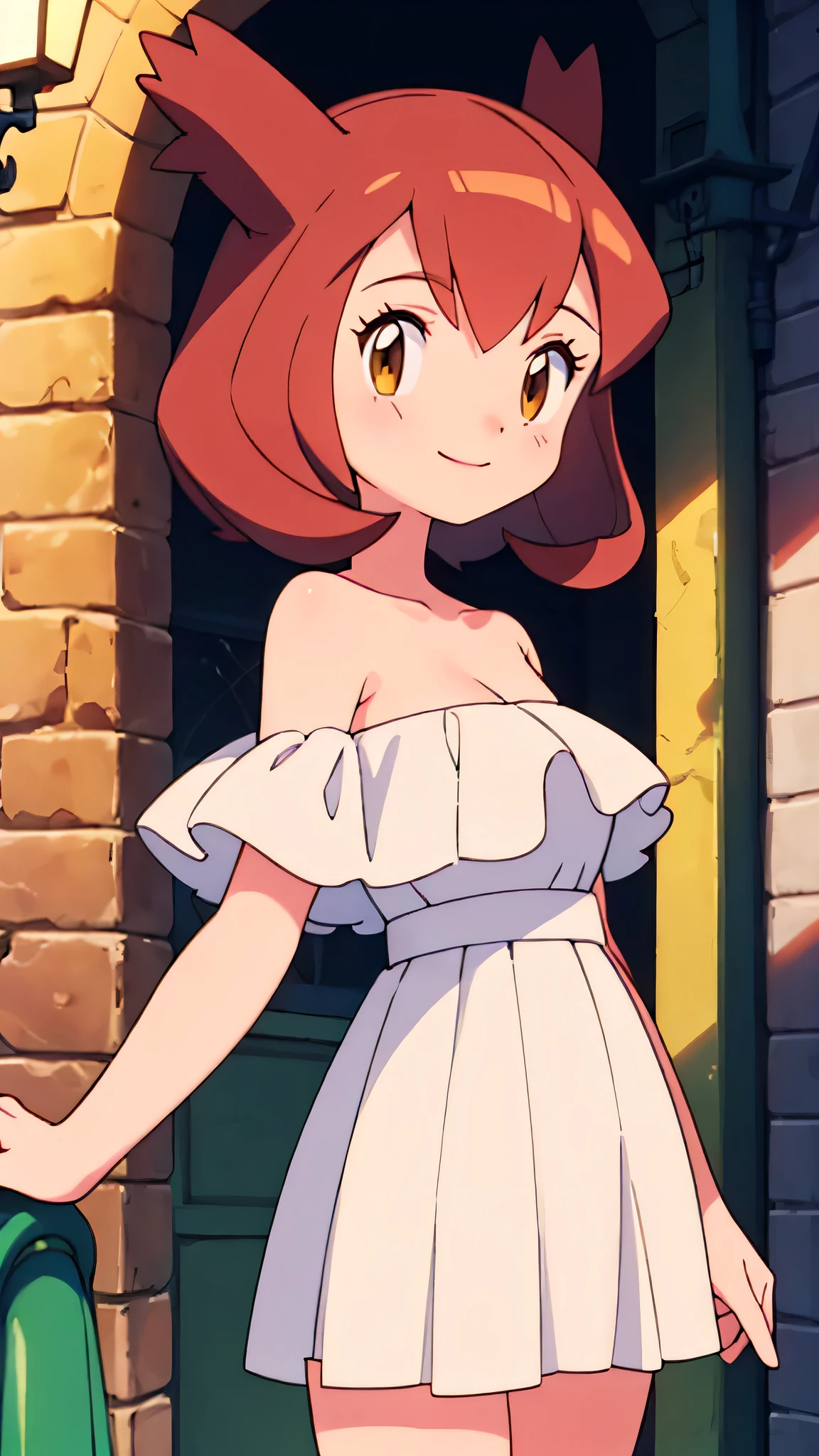 masterpiece, best quality, ultra-detailed, illustration, beautiful detailed eyes, very detailed illustration, cinematic lighting, 1 girl, solo, Pokemon Heroes (Bianca), Brown Hair, brown eyes, bare shoulders, strapless, off shoulders, white ruffle off the shoulder top, white maxi skirt, as she is going out on the town in midsummer at night, smile