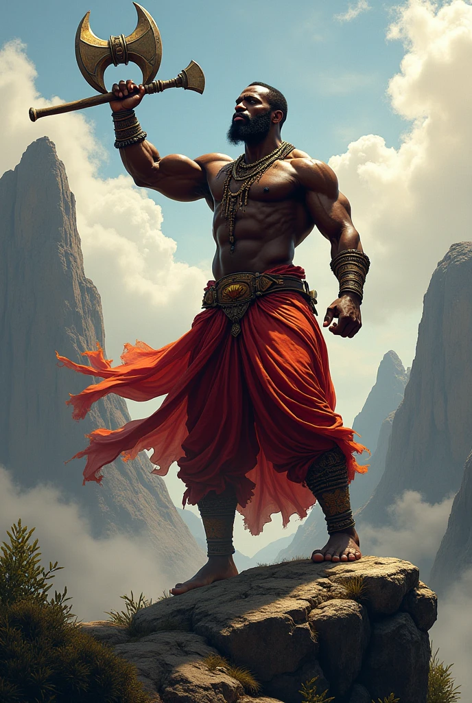 Orisha Black Man, rey, guerreyro, red or brown clothes, on a mountain, lifting a double-sided axe in his hand