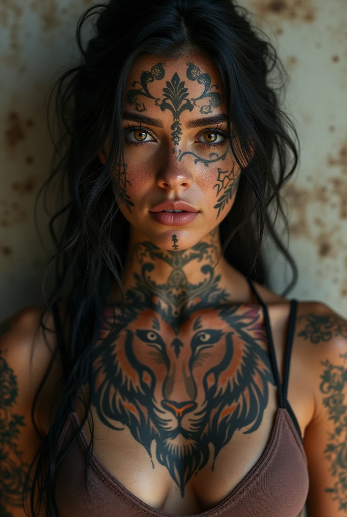 American woman with lion and Chicano tattoos on her face The lion is real 