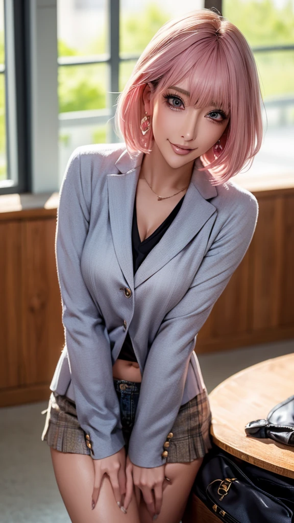 (Highest quality), Realistic, (live-action),(Short Hair,Sharp bangs)Showing off your crotch,Highest quality,Highest quality,8k images,Pink Hair,High heels,school uniform,(破れたschool uniform)Small face,((Big Breasts))