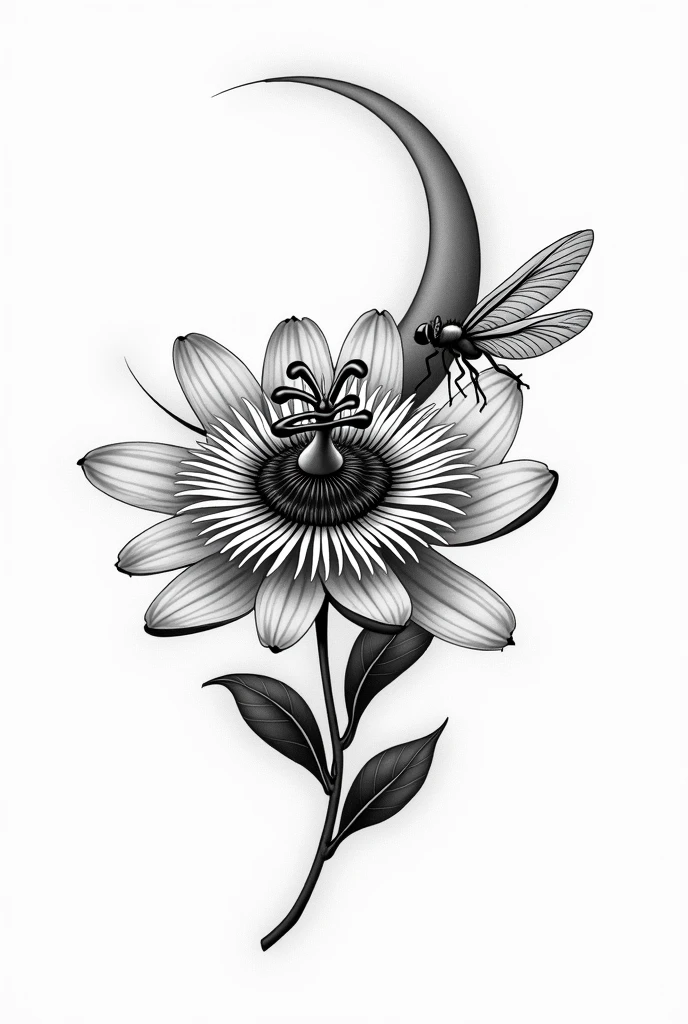 Traditional black and white tattoo of a passion fruit flower with a dragonfly perched on one of its petals and a thin moon behind it.
