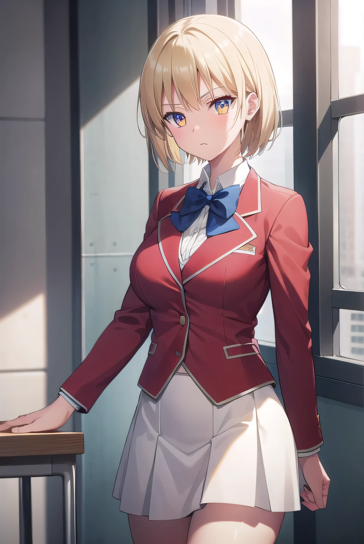 Messy hair, short blonde hair, (yellow eyes:1.3),
BREAK bow, school uniform, jacket, bowtie, blue bowtie, red blazer, (red blazer:1.5), skirt, white skirt,
BREAK indoors, classroom,
BREAK thinking, looking at viewer, (cowboy shot:1.5),
BREAK (masterpiece:1.2), best quality, high resolution, unity 8k wallpaper, (illustration:0.8), (beautiful detailed eyes:1.6), extremely detailed face, perfect lighting, extremely detailed CG, (perfect hands, perfect anatomy),