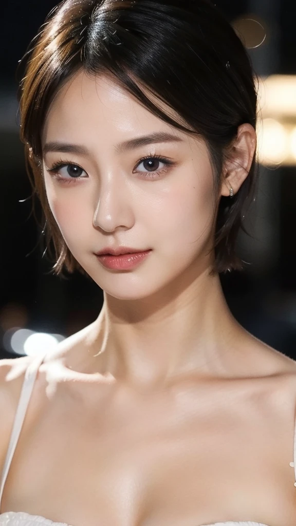 Model actress、One Woman、cool、Japanese and half European、Close-up of face、30 generation beauty、Realistic Skin、night、Outdoor、summer、short hair