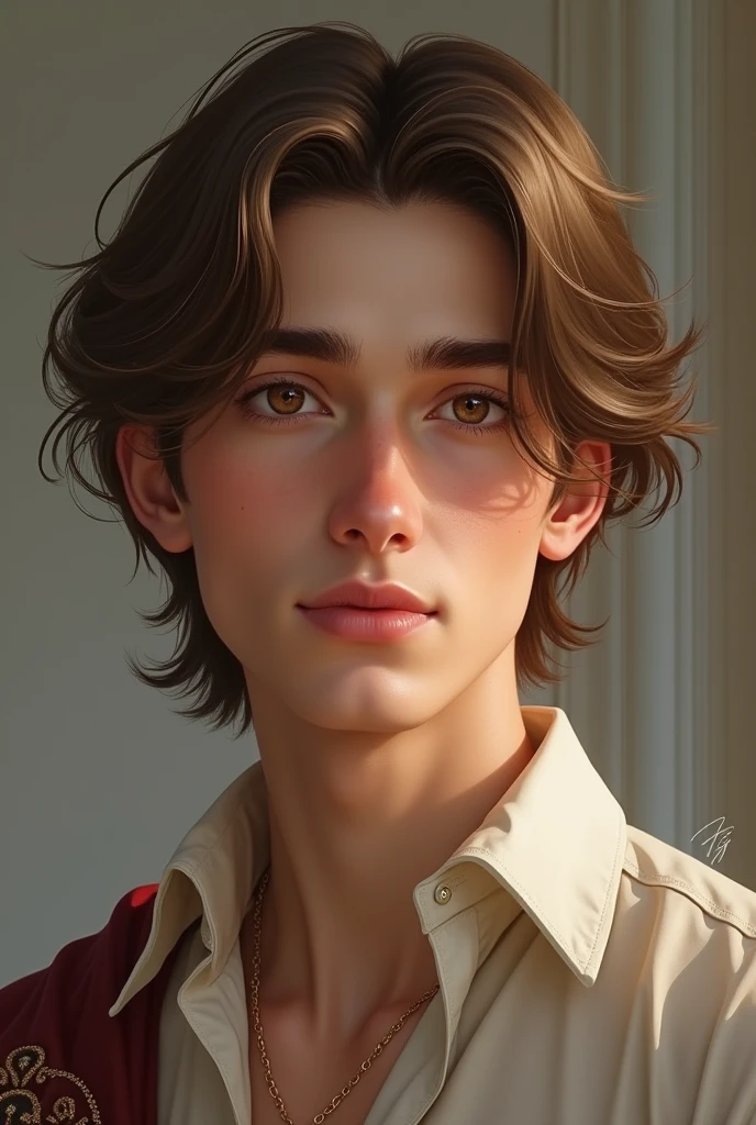 Create a realistic image of a light brown haired prince, hazel eyes, White skin, full lips, marked jaw and defined features, lovely smile, attractive and somewhat mature, not so mature