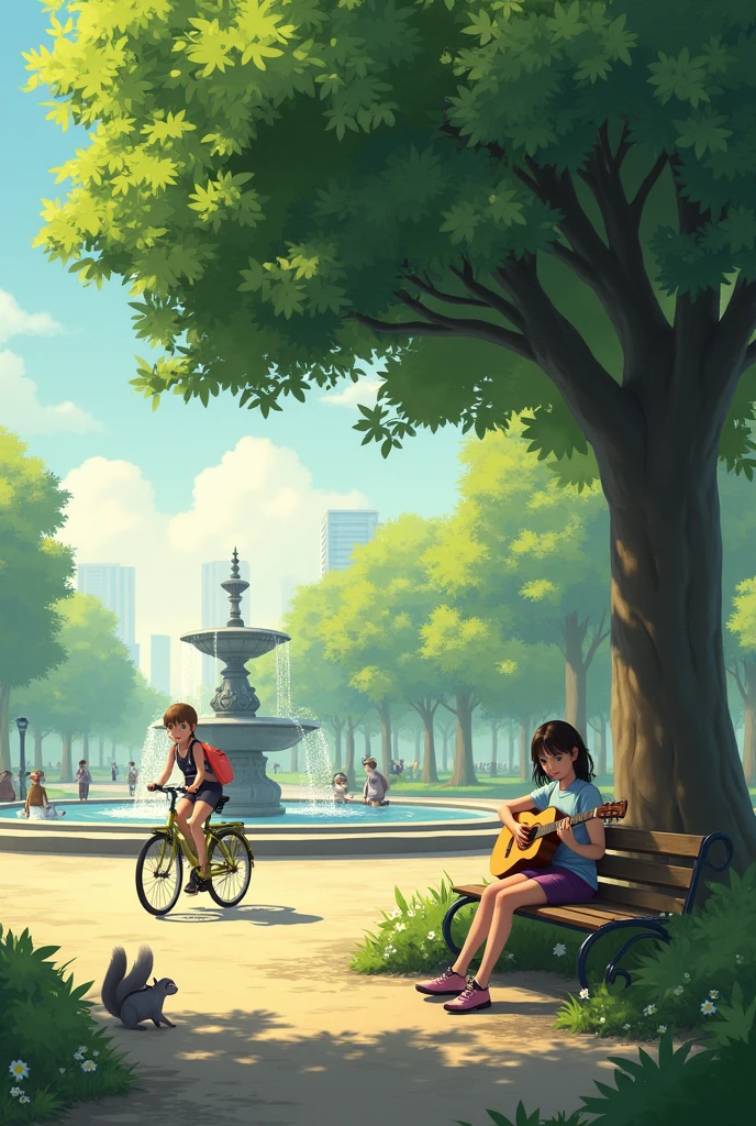 (more realistic, high quality) a park, In which at first glance we will see a tree where a girl will be sitting on a bench playing a guitar, which makes it seem like the focus of the photo is near said tree, and next to her a girl on a bicycle riding to the left, Place two small grey squirrels under the bike, which are far from the bike, In the background you can see a fountain in the middle of the park., Behind the fountains you can see several people walking to the left, as 2D images of people.