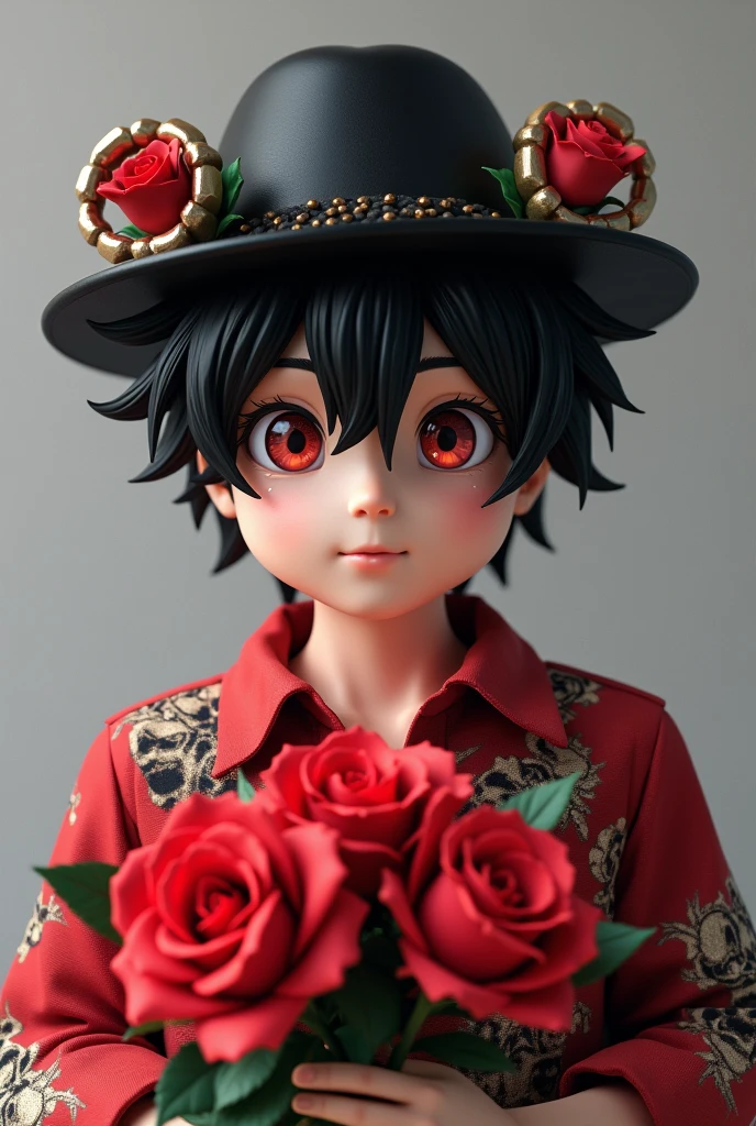It's a roblox character:She has fluffy hair and a black hat with rings on the side, says Haii?? He has a red shirt with skulls, a bouquet of roses and gray pants. He is a man and he looks like an anime.