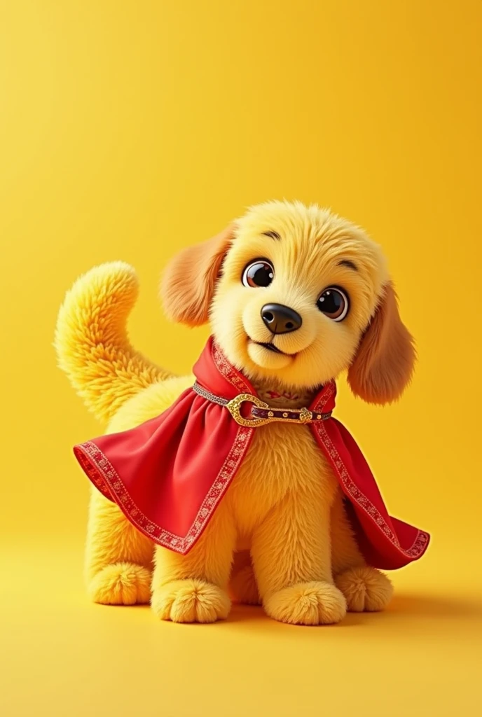 Create a yellow dog rug packaging with the name rug and a dog in a cape