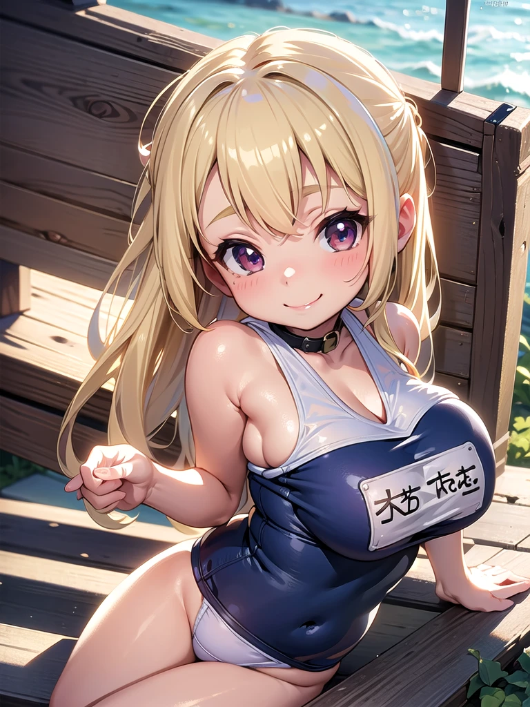 master piece,detailed,(((best quality))), ((((loli)))),(((cute))), ((petite)),(((big breasts))),smile,sitting,upper body,blonde hair,breasts focus,(navy school swimsuit)