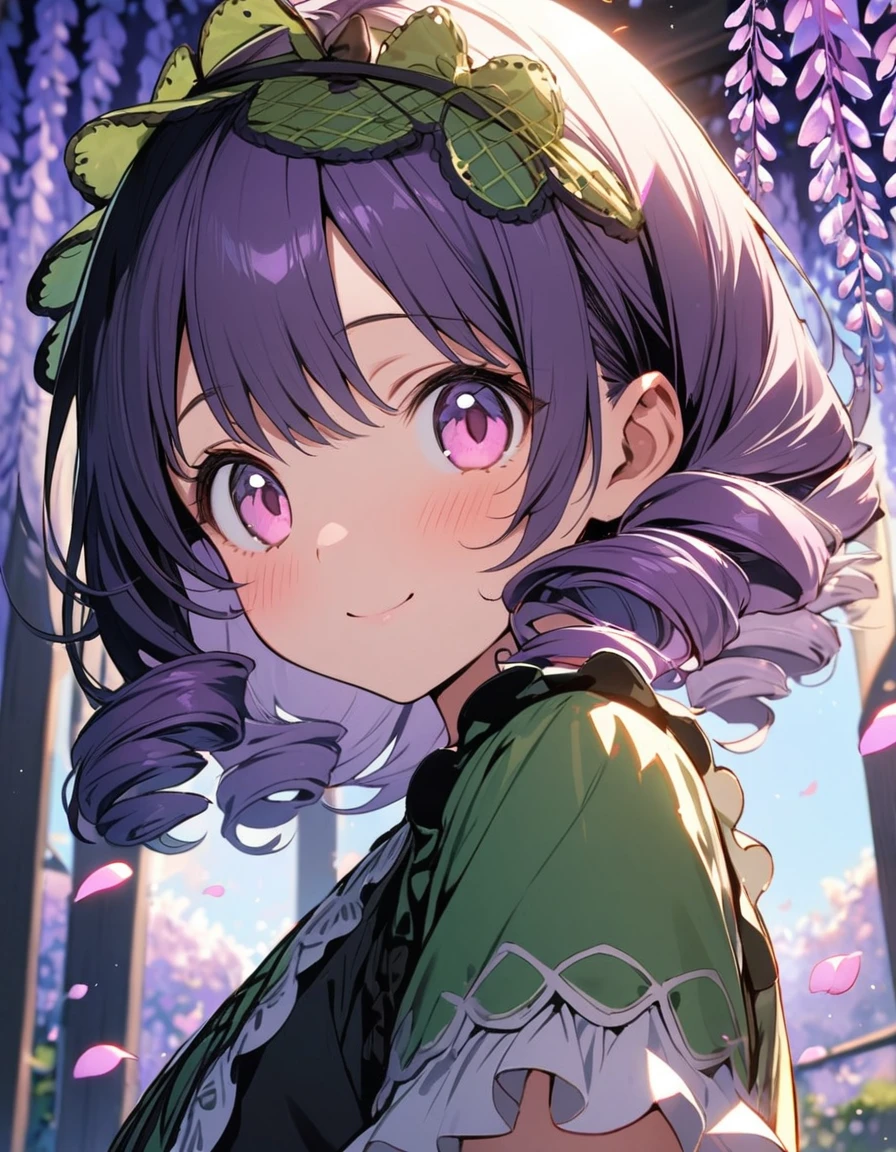 1 girl,solo,,amazing quality, aesthetic, aesthetic,ultra-detailed face,detailed eyes,round eyes, tareme,pink eyes,BREAK,Green fascinator,Green Loliashion,BREAK,Purple Hair,drill hair,depth of field,wisteria trellis,blue sky,(petals:1.3),upper body,smile,Looking at viewer,rim light,masterpiece,8K,top quality, highly detailed illustration