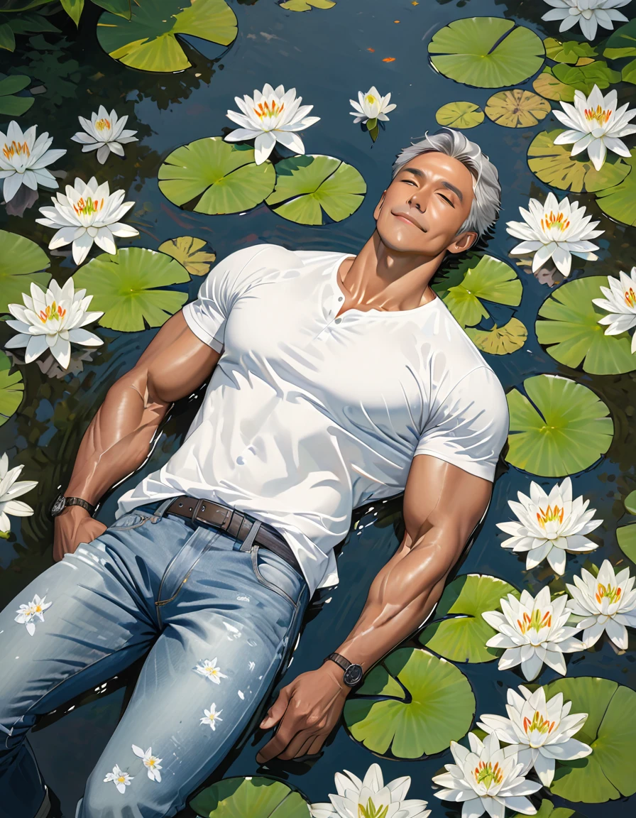 A handsome, tall, muscular man, mature male, lying comfortably on his back in a pond filled with white lily flowers, viewed from directly above, wearing a white shirt and jeans, calm expression. Light grey hair and dark skin