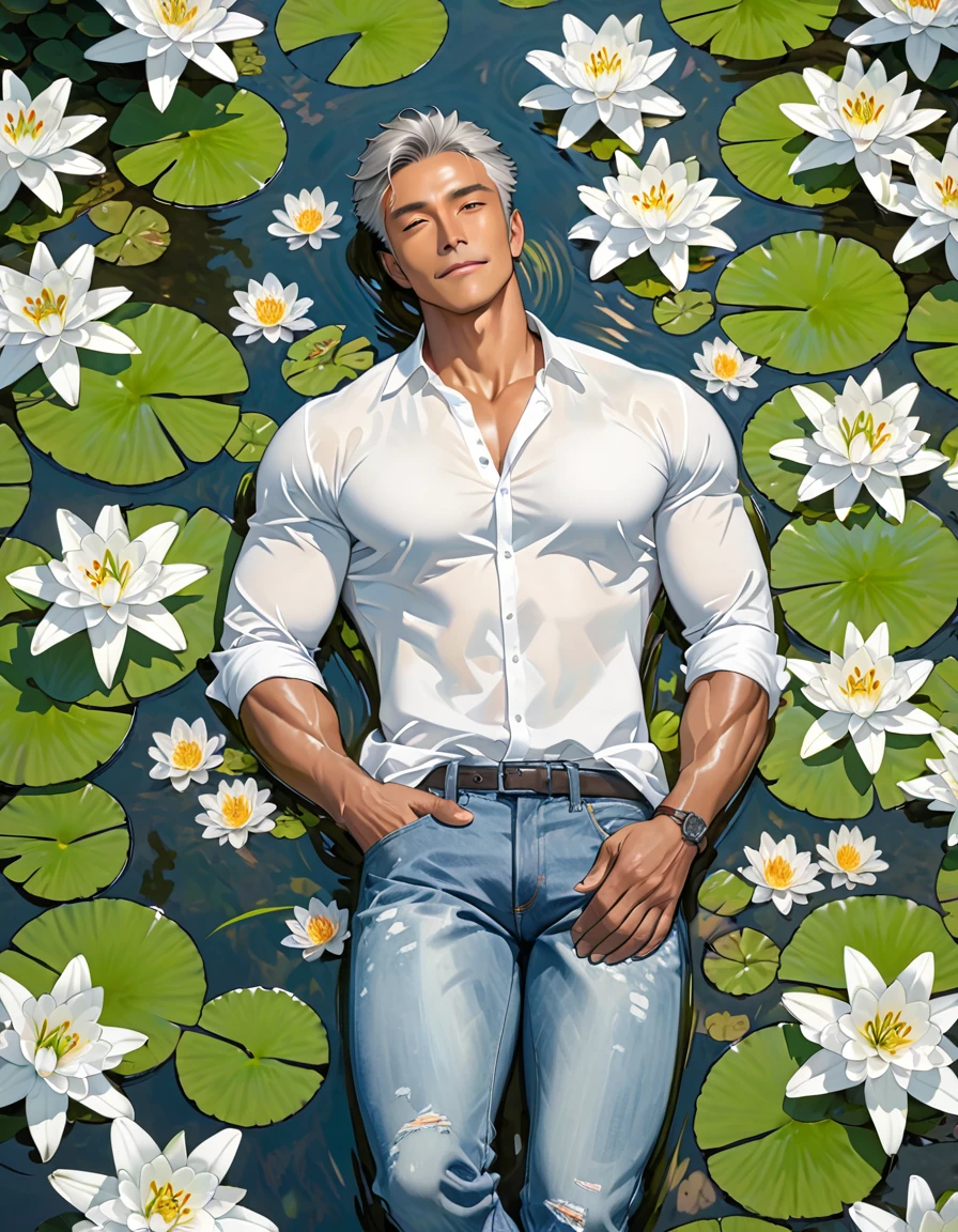 A handsome, tall, muscular man, mature male, lying comfortably on his back in a pond filled with white lily flowers, viewed from directly above, wearing a white shirt and jeans, calm expression. Light grey hair and dark skin