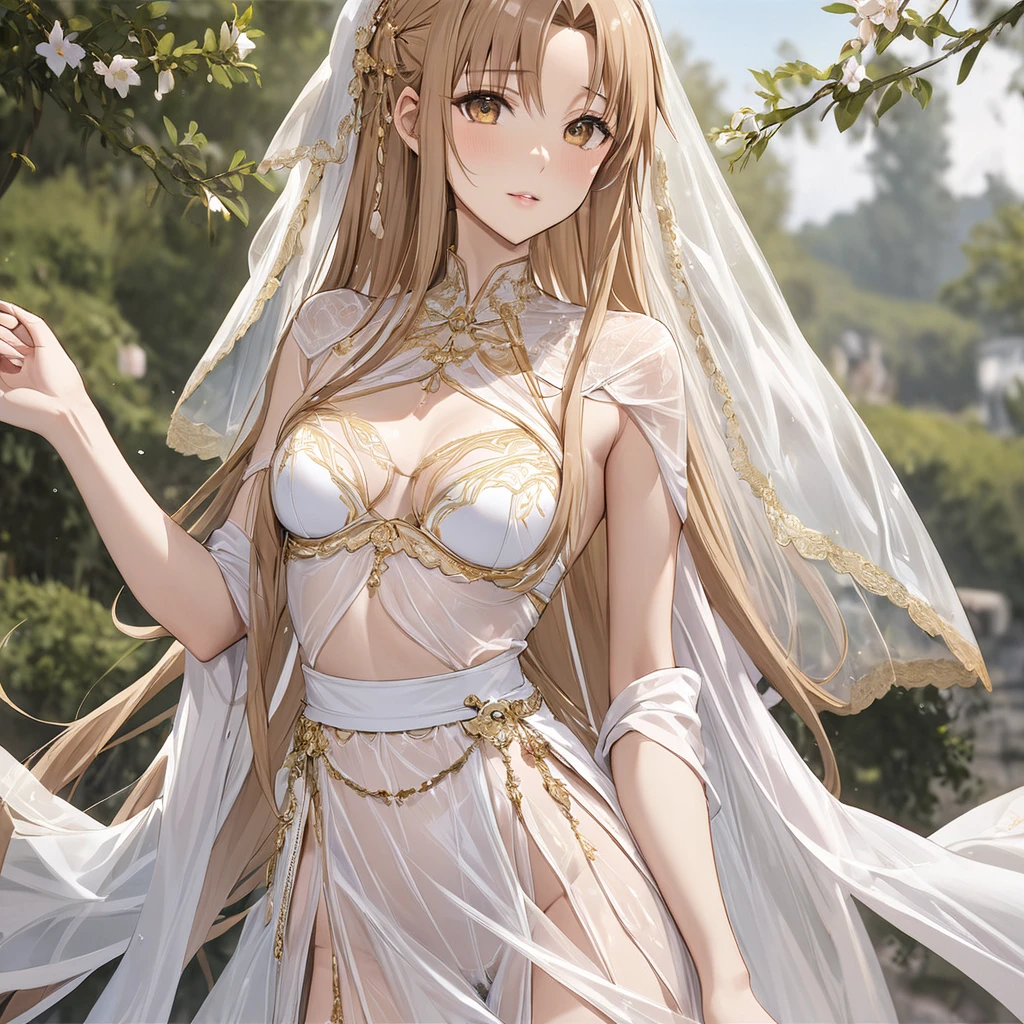 ((Highest quality)), ((masterpiece)), (detailed), （Perfect Face）、The woman is Yuuki Asuna, with light brown, medium-long hair, wearing a completely transparent outfit with gorgeous gold embroidery and trim, a veil, a transparent cape, and gorgeous accessories.、The woman is not wearing a bra、The woman is not wearing underwear