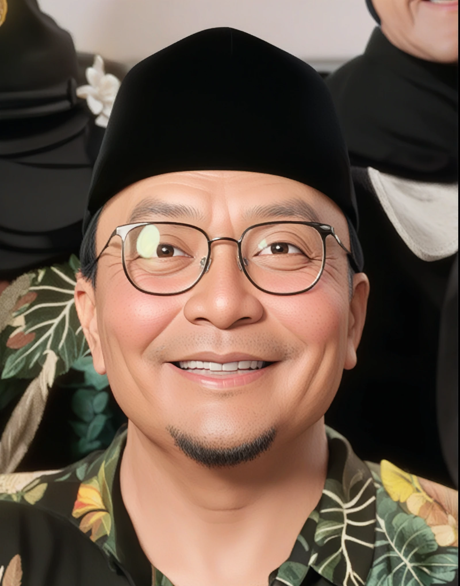 hyperrealistic 3D caricature, A 50 year old man, Wearing a black Indonesian cap, Smiling, 3D render, 3D Cartoon, cartoonish look, high resolution, super detail, soft lighting