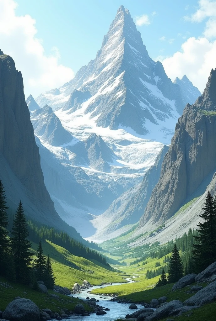 Mountainous Regions:
EXAMPLE: The Alps in Europe.

Natural Features: High mountains with rugged terrain.
Impact on Human Life: Mountainous areas have more limited access to agricultural land and make transportation difficult.. Therefore, Economic activities in these regions tend to be more focused on livestock farming., Mountain tourism and mining.
CAN YOU GENERATE A LANDSCAPE IMAGE FOR ME ACCORDING TO THAT INFORMATION?
