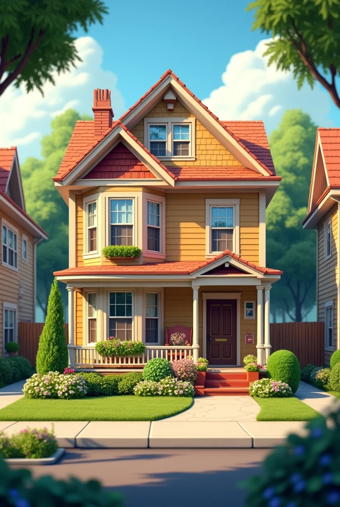 Create a picture of a nice and realistic average two-story house with a small garden in front of the house itself.. And next to this house there are other houses
