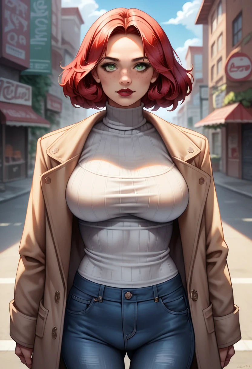 (high-level image quality), (high quality), (high resolution), (detailed), (masterpiece), beautiful woman, ((caucasian)), green eyes, red hair, short hair, dark red lipstick, busty, slender body, Detailed eyes, perfect eyes, Detailed face, portrait, streets, grey wool coat, turtleneck top, dark jeans