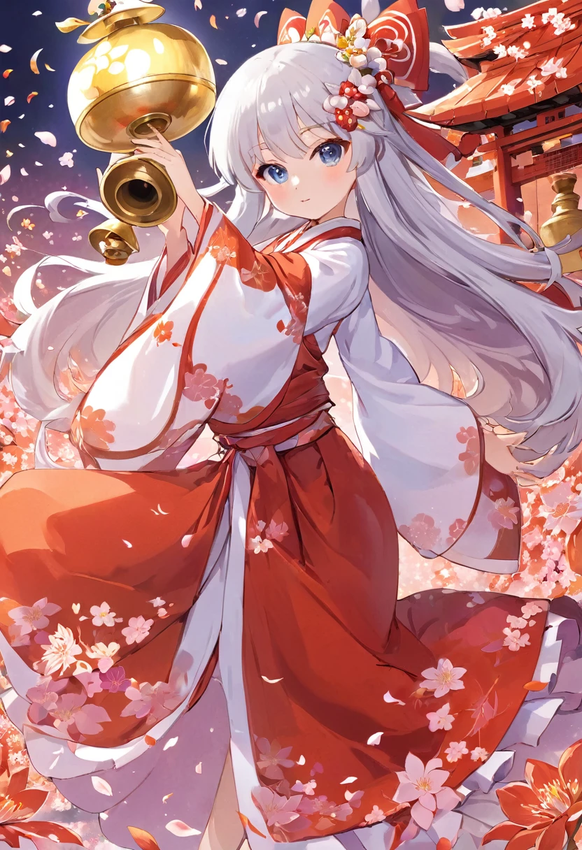 High definition、Miko costume、Half vermilion long silver hair、Full body portrait、beautiful girl、Long-hemmed outfit、Big iridescent eyes、Powerful eyes、Holding a shrine maiden bell, she dances Kagura dance、Playing with spirits、Flowers sprout from beneath your feet
