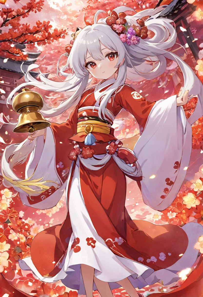 High definition、Miko costume、Half vermilion long silver hair、Full body portrait、beautiful girl、Long-hemmed outfit、Big iridescent eyes、Powerful eyes、Holding a shrine maiden bell, she dances Kagura dance、Playing with spirits、Flowers sprout from beneath your feet