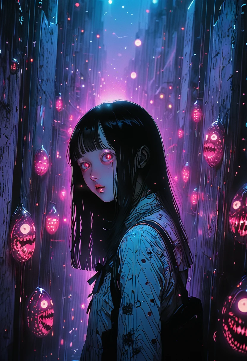 surreal horror, anime style, directed by Junji Ito, high contrast, vivid colors, eerie atmosphere, psychological tension, intricate line work, nightmarish creatures