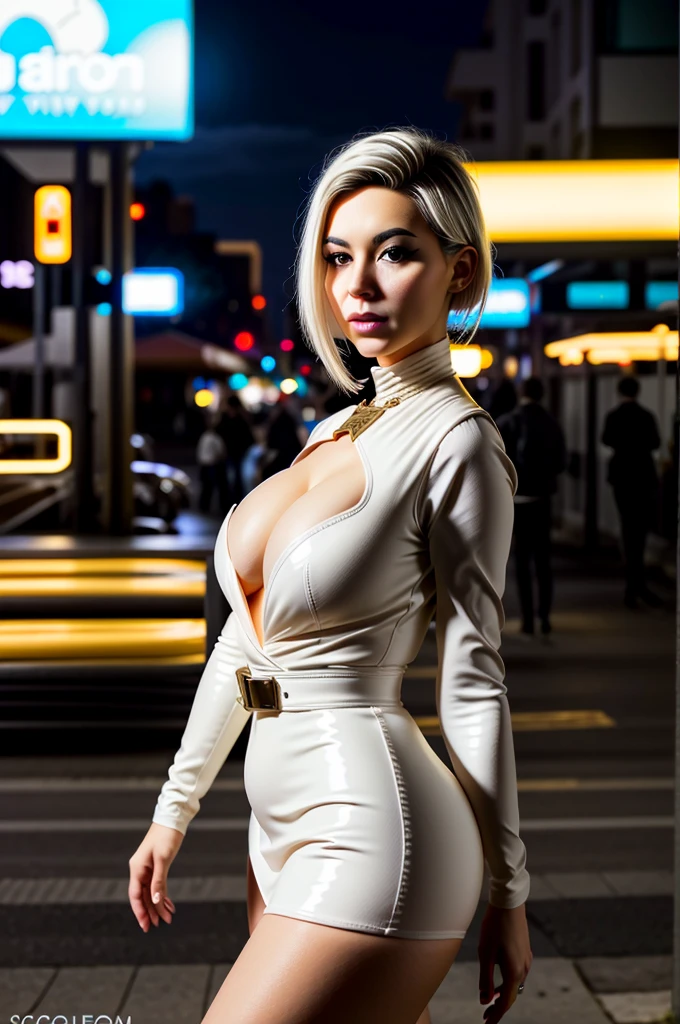 (ultra detailed, masterpiece, best quality),(inflatable sexdoll), oface, (StarMerrin), solo, white hair, cityscape, night, skyscraper, short dress, tight, photorealistic, hyperrealistic, 8k, intricate details, sharp focus, hyper detailed, high resolution, cinematic lighting, dramatic lighting, neon lights, reflections, glossy, smooth skin, beautiful face, elegant, graceful, alluring, seductive, sensual