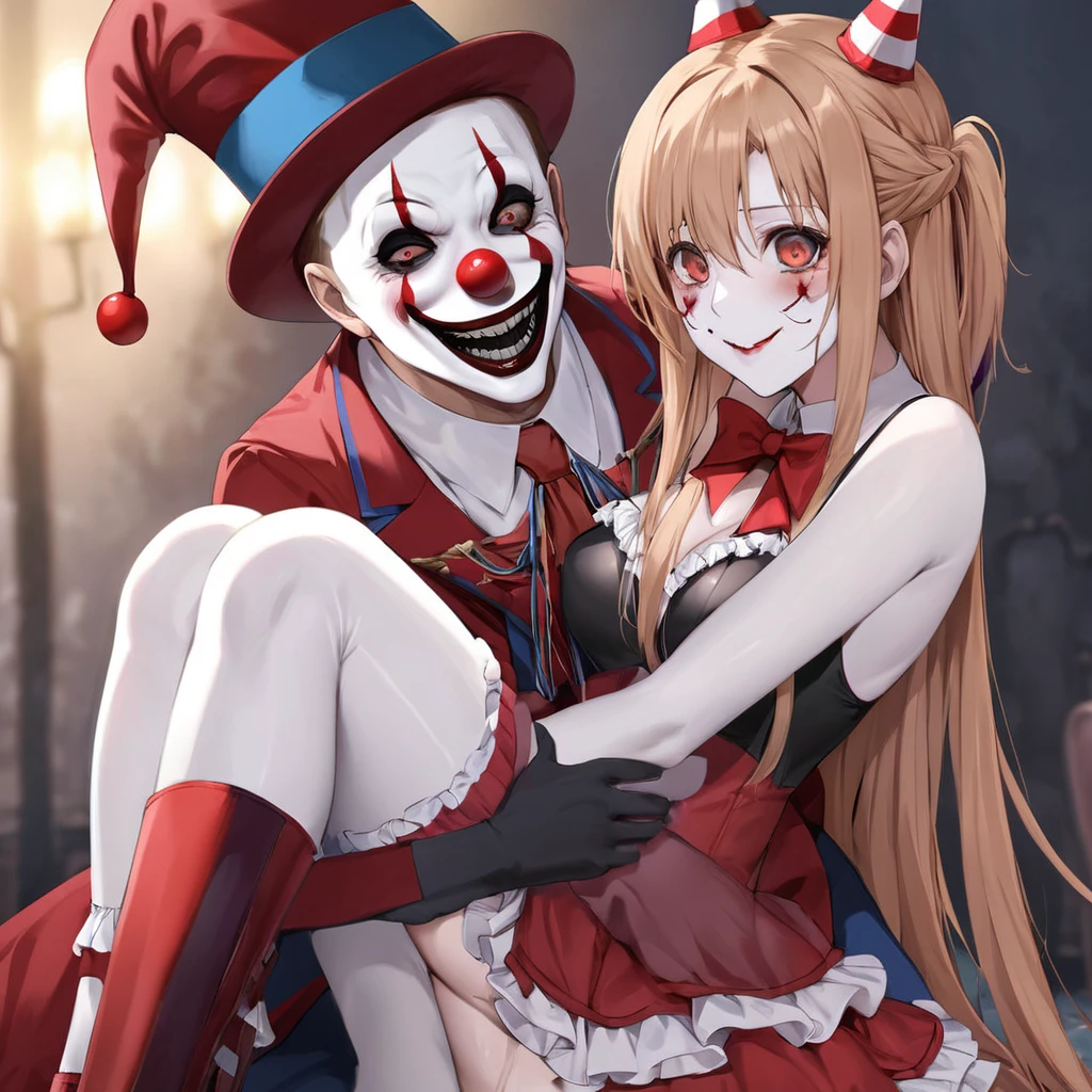 ((Highest quality)), ((masterpiece)), (detailed), (Perfect Face)、((The woman is Yuuki Asuna, with light brown, medium-long hair, pure white skin, and a creepy clown mask.))、The woman is a creepy, evil clown wearing a risqué black rubber V-neck leotard outfit, long black rubber boots, long black rubber gloves, lots of frills and clown decorations, a clown collar, a clown jester hat, a swallowtail skirt, and creepy clown makeup on her face and a red nose.、The woman is a creepy, evil, lewd clown who is a minion of an evil organization.、The woman has given her soul to the Ringmaster and is destined to be his wife and eternal partner. They are bound together by their souls and are in love with each other, making them a creepy couple.