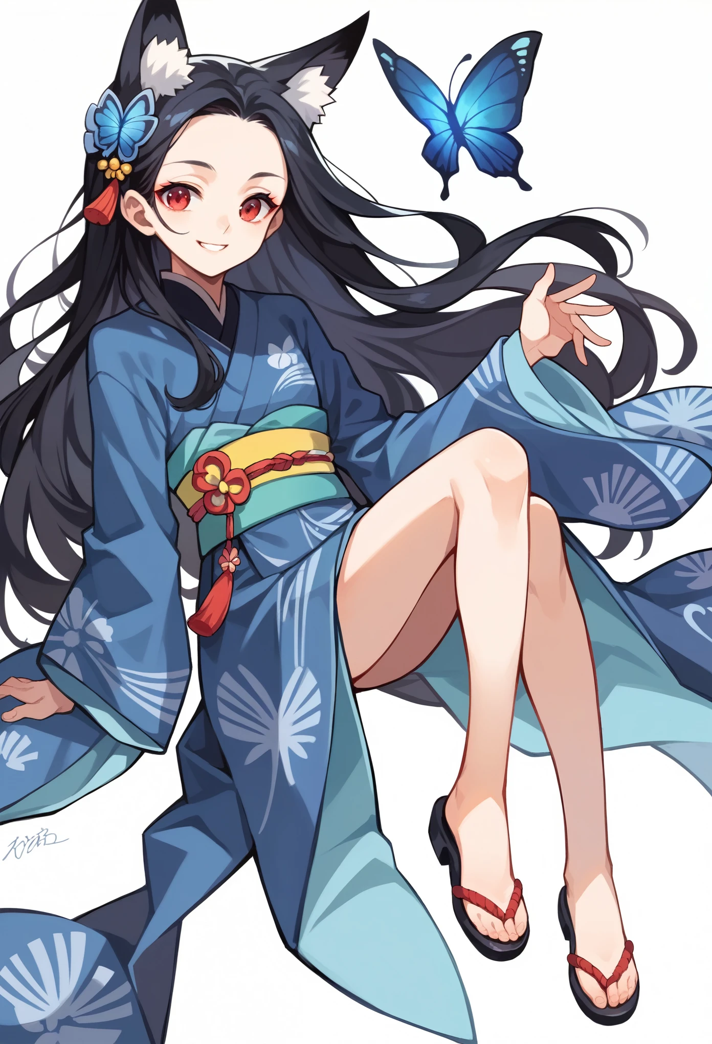 (masterpiece:1.2, Highest quality),(Anime Style),Visible from the knees to the head, Villain,smile,Young Girl,Animal ears,Fox Ears,Red Eyes,Black Hair,Long Hair,The forehead looks wide,Blue butterfly pattern kimono,Japan,Japanese-style room