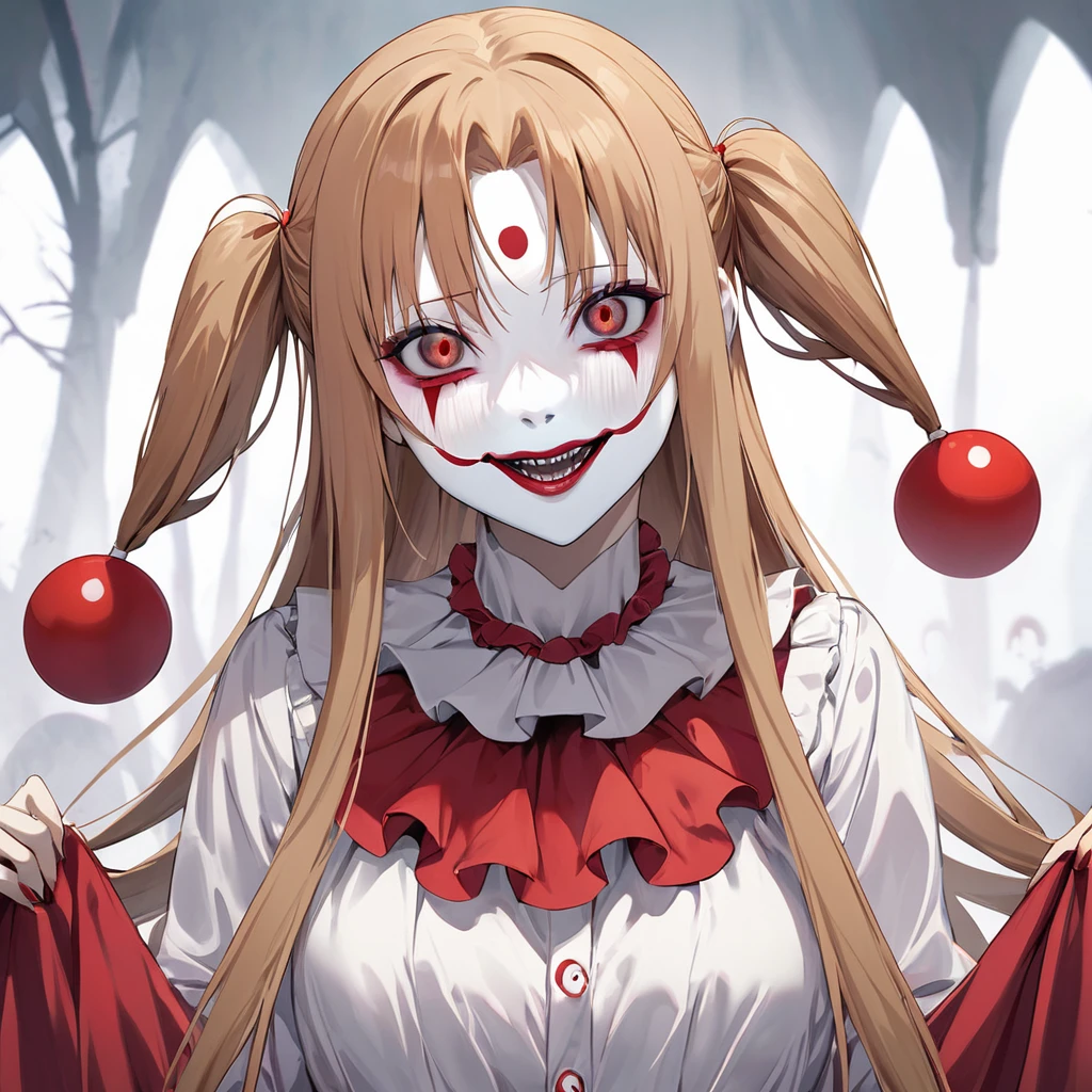 ((Highest quality)), ((masterpiece)), (detailed), （Perfect Face）、((The woman is Yuuki Asuna, with light brown, medium-long hair, pure white skin, and is wearing a creepy clown costume and a creepy clown mask.))、Woman is a creepy and evil clown with makeup on her face and a red nose、The woman is a creepy, evil, and lewd clown who has given her soul to an evil organization.