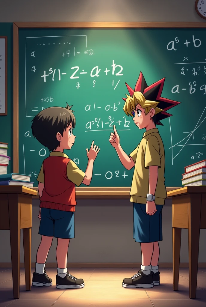 CreAr unA imAgen AmbientAdA en el mundo de YU-GI-OH de dos niños, el primer niño está mostrAndo lA formulA (A^2-b^2) y el otro niño está mostrAndo (A-b)(A+b)