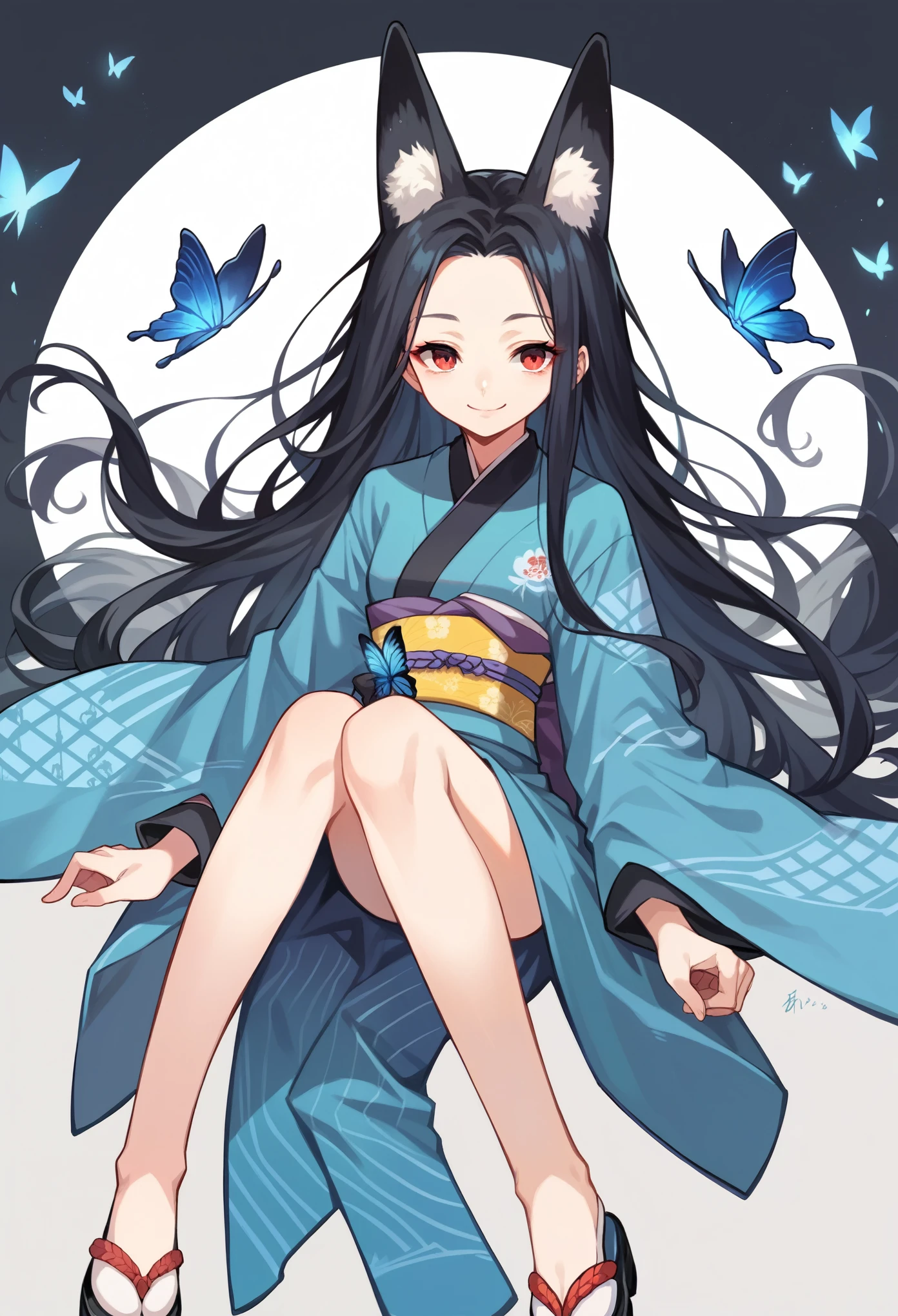 (masterpiece:1.2, Highest quality),(Anime Style),Visible from the knees to the head, Villain,smile,Young Girl,Animal ears,Fox Ears,Red Eyes,Black Hair,Long Hair,The forehead looks wide,Blue butterfly pattern kimono,Japan,Japanese-style room