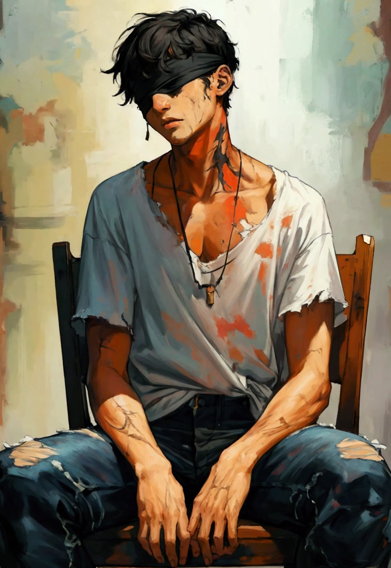 (masterpiece), Detail painting, Oil painting, high res, detailed face, detailed body, 1 man, tied to a chair, full body shot, blindfolded, short black hair, scarred neck, ripped jeans, ripped t-shirt, front shot, 