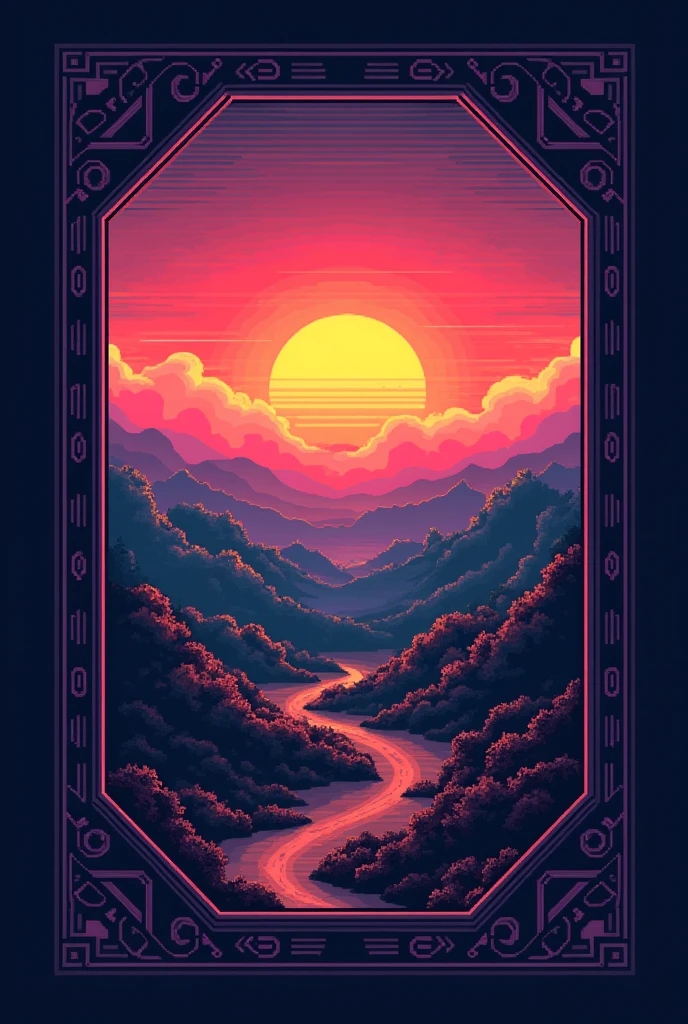 Retro style logo: A landscape with retro elements, sunset, like an arcade or pixel art font, combined with a futuristic or antique style. This would convey a nostalgic feel to classic games.