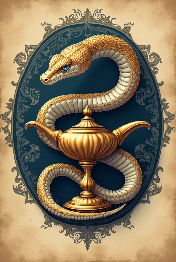 Now use this last image you made as a print for a shirt that only goes halfway down the shirt and only on the left side., The shirt's print must be a nursing course emblem, which is a cobra wrapped around a magic lamp.