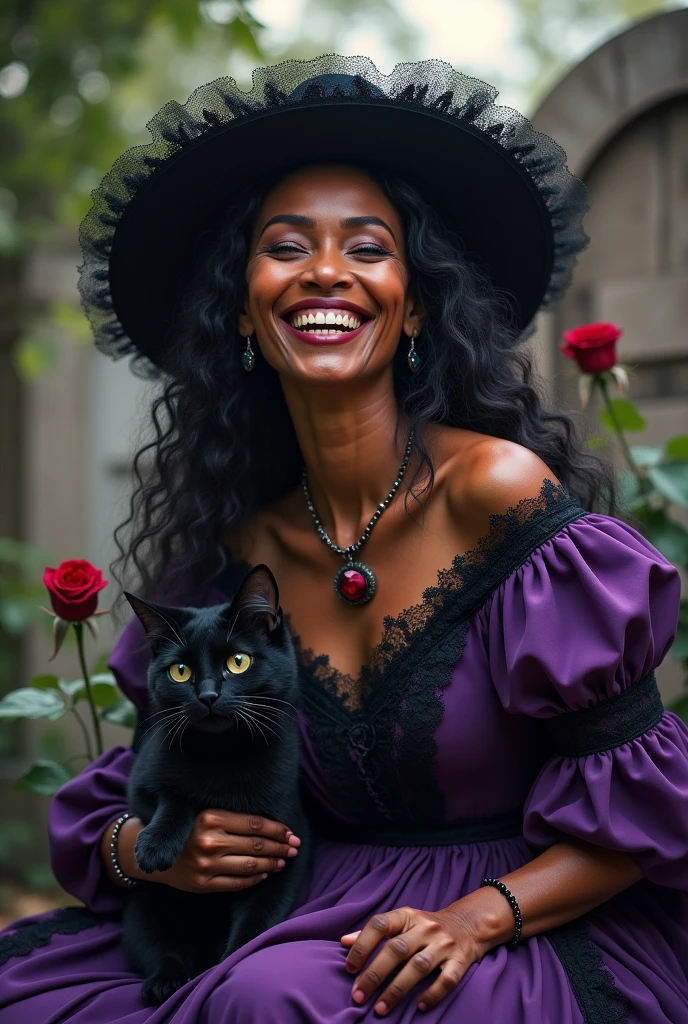 An old black Brazilian woman, Laughing. Long curly hair with a period hat with lace in a cemetery purple and black period dress. With a black cat and a black rose.
