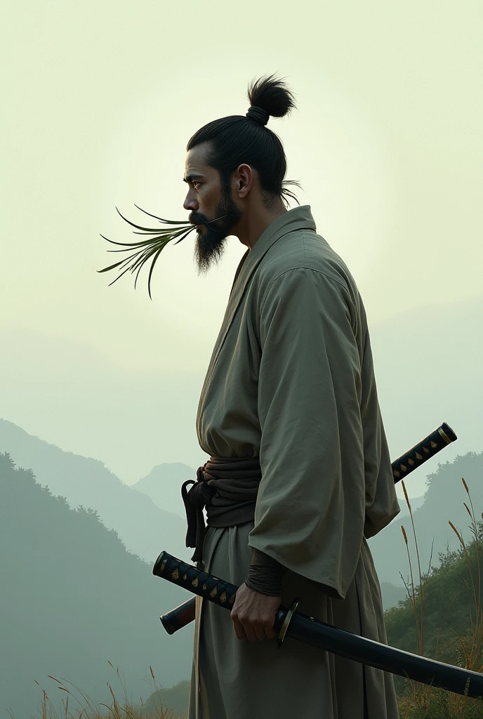 Crie uma wallpaper de uma samurai hermit com uma katana na cintura, and a sprig of grass between the lips, make it so that it looks like it is looking at the horizon, with his hand on the sword